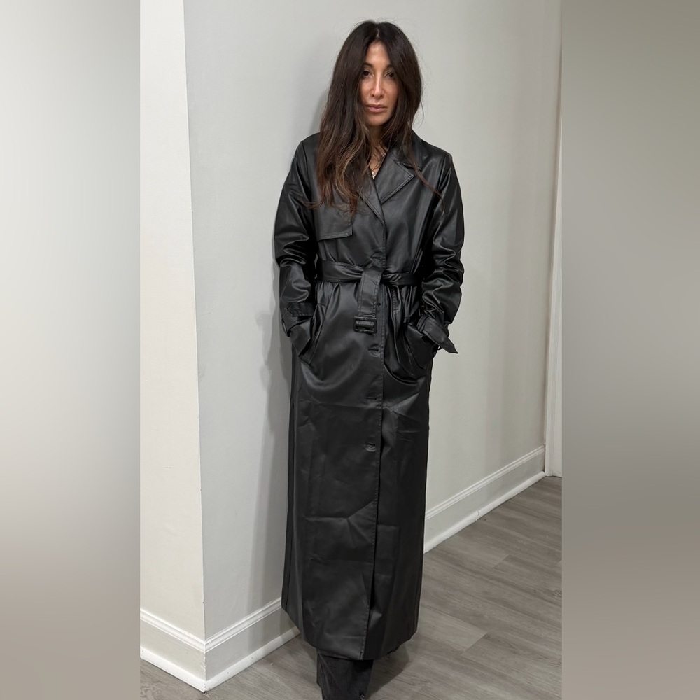 Black Fabulous Faux Leather Long Trench Coat - Picture 7 of 7